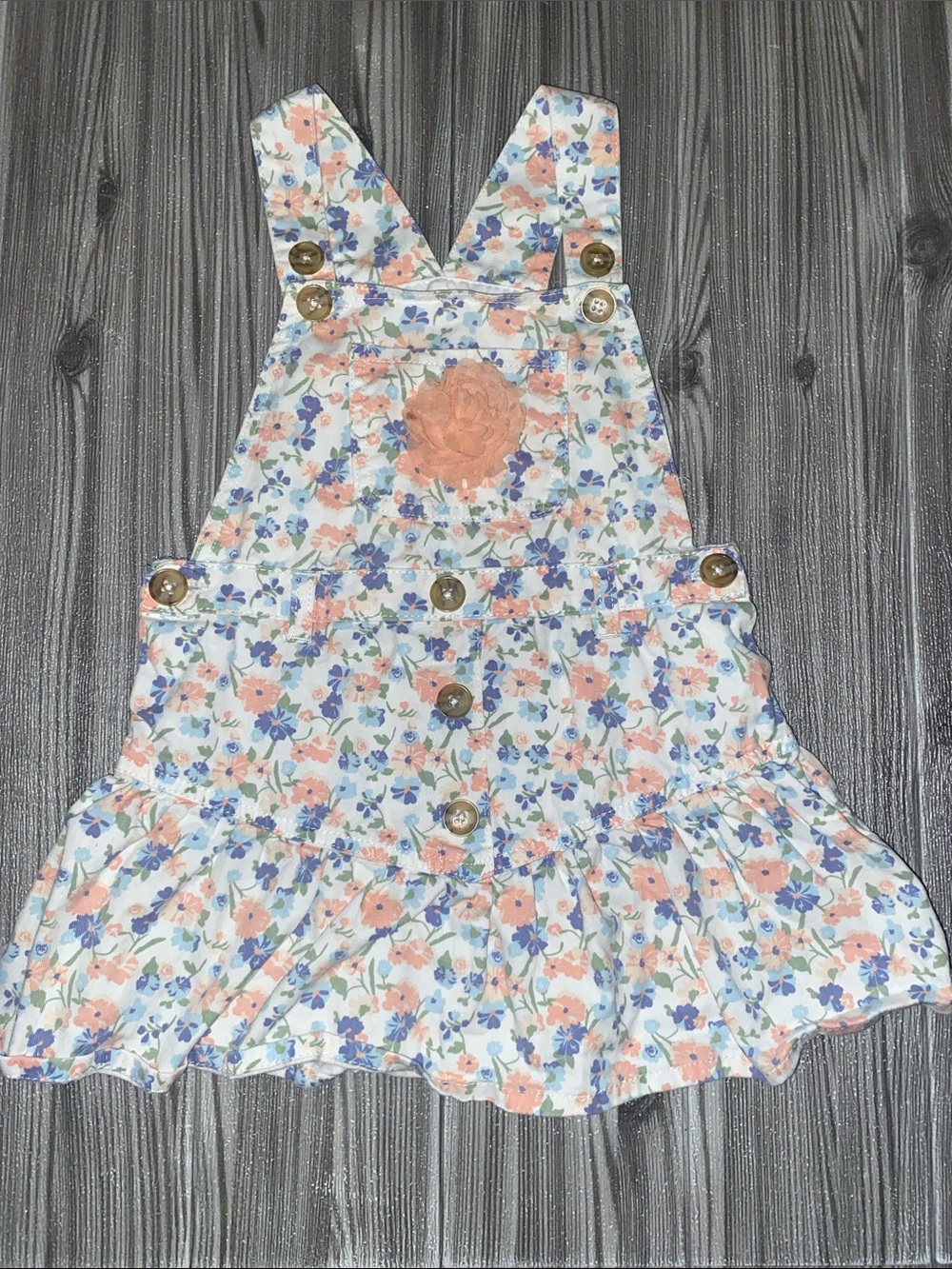 Girls Floral Ruffle Overall Dress - Peach & Blue 4T
